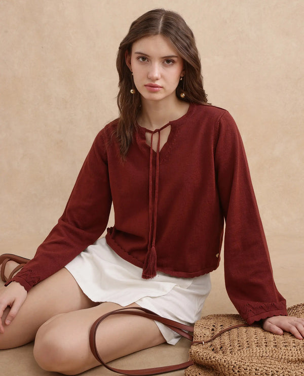 Rareism Women Ronzmu Dark Brown Cotton Fabric Full Sleeve Relaxed Fit Top