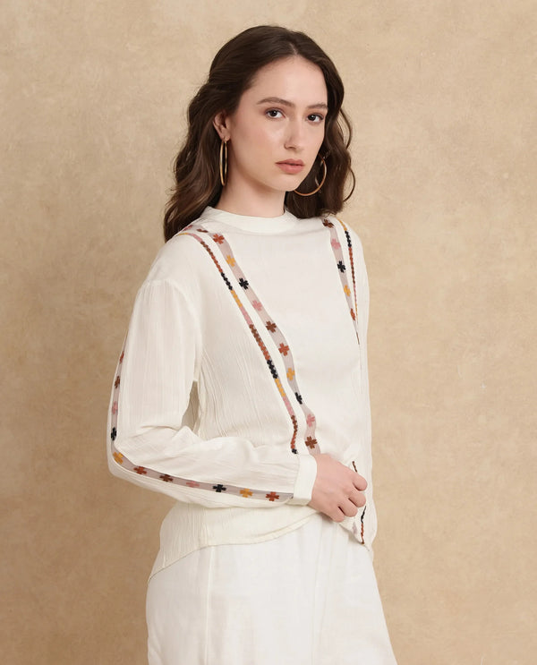 Rareism Women Ronz Off White Viscose Fabric Regular Sleeve Round Neck Relaxed Fit Plain Top