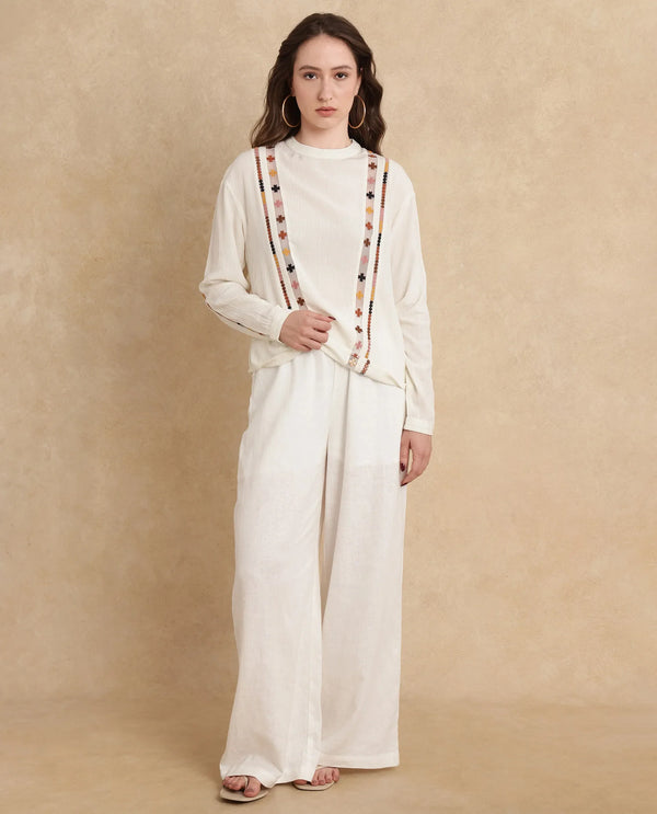 Rareism Women Ronz Off White Viscose Fabric Regular Sleeve Round Neck Relaxed Fit Plain Top