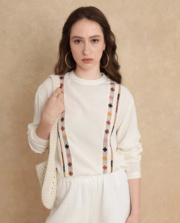 Rareism Women Ronz Off White Viscose Fabric Regular Sleeve Round Neck Relaxed Fit Plain Top