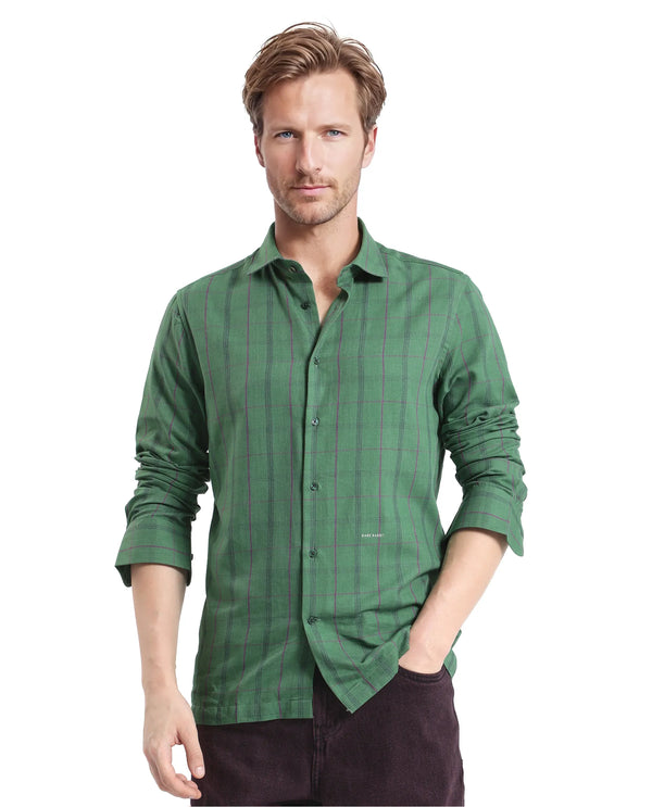 Rare Rabbit Men Roos Green Cotton Poly Fabric Full Sleeve Regular Collar Oversized Fit Checked Shirt