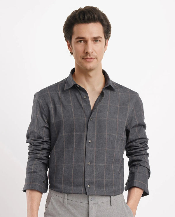 Rare Rabbit Men's Ropos-2 Grey Cotton Fabric Full Sleeve Regular Fit Checks Shirt
