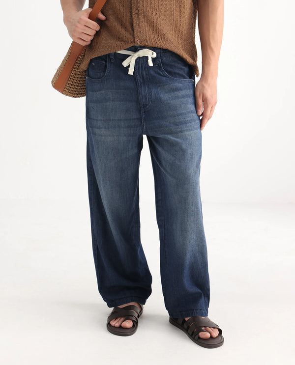 Rare Rabbit Men's Rory Light Blue Cotton Fabric Zipper Closure Baggy Fit Plain Jeans