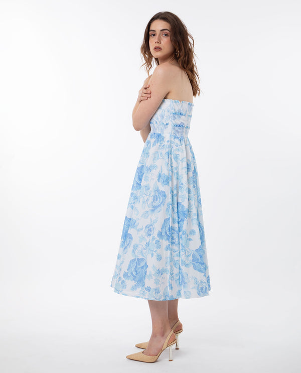 Rareism Women Rosen Light Blue Cotton Fabric Sleeveless Tube Neck Shoulder Straps Fit And Flare Floral Print Maxi Empire Dress