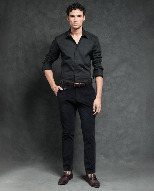 Rare Rabbit Men's Roser Black Cotton Lycra Fabric Placement Embroidery Full Sleeves Shirt
