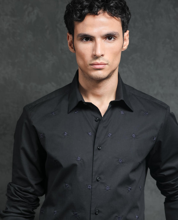 Rare Rabbit Men's Roser Black Cotton Lycra Fabric Placement Embroidery Full Sleeves Shirt