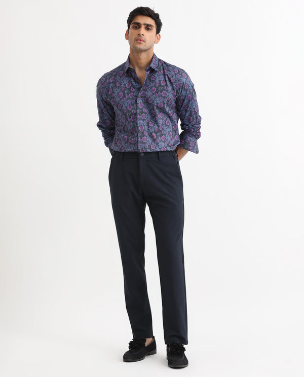 Rare Rabbit Men's Rosess Blue Twill Fabric Floral Print Full Sleeves Shirt