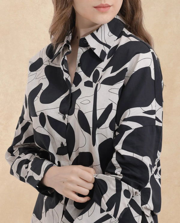 Rareism Women Roshi Black Cotton Fabric Regular Sleeves Collared Neck  Boxy Fit Printed Top