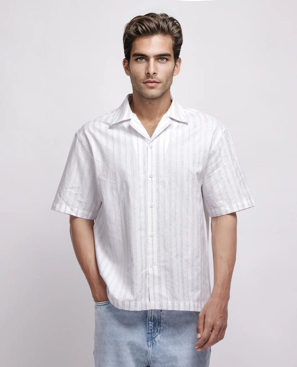 Rare Rabbit Men's Roshi White Cotton Fabric Short Sleeve Cuban Neck Button Closure Striped Shirt