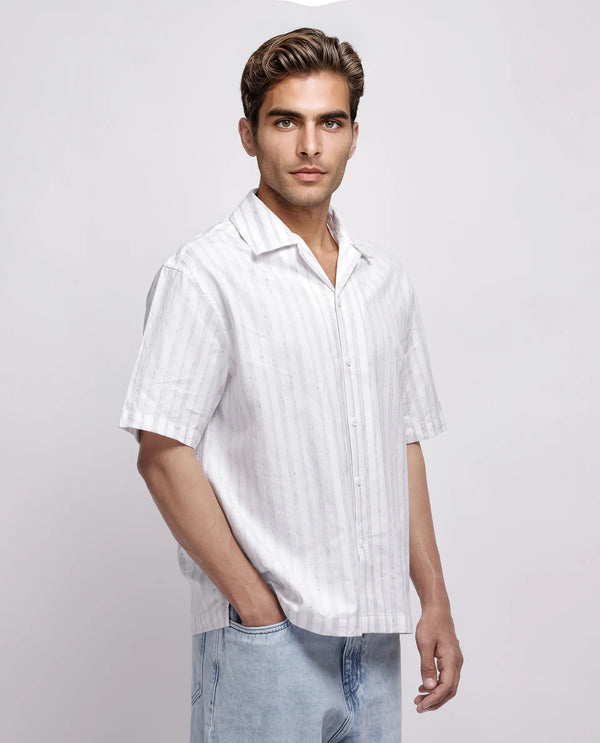 Rare Rabbit Men's Roshi White Cotton Fabric Short Sleeve Cuban Neck Button Closure Striped Shirt