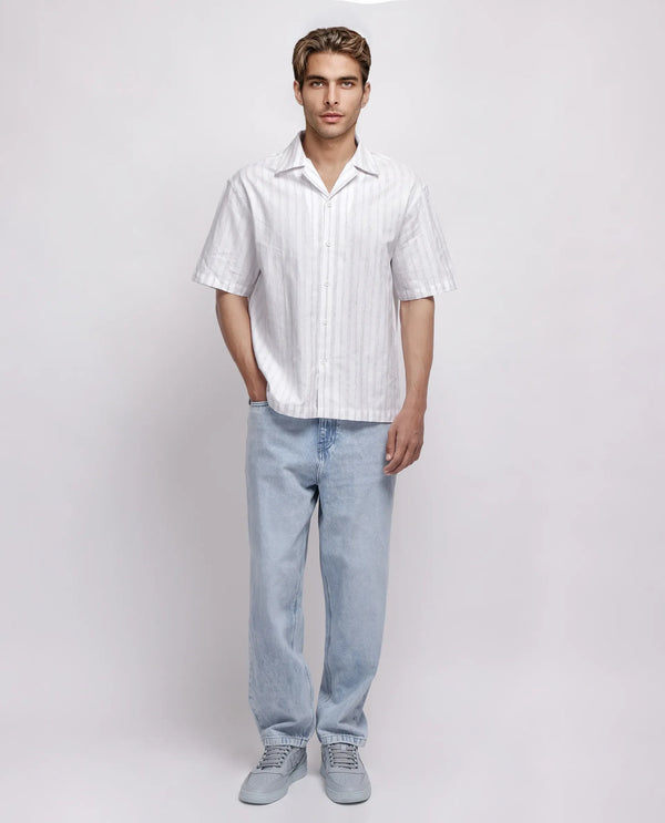 Rare Rabbit Men's Roshi White Cotton Fabric Short Sleeve Cuban Neck Button Closure Striped Shirt