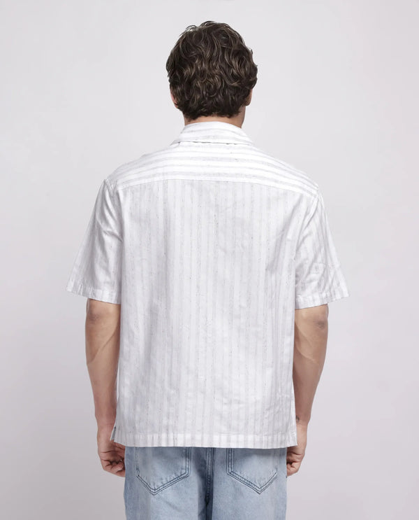 Rare Rabbit Men's Roshi White Cotton Fabric Short Sleeve Cuban Neck Button Closure Striped Shirt