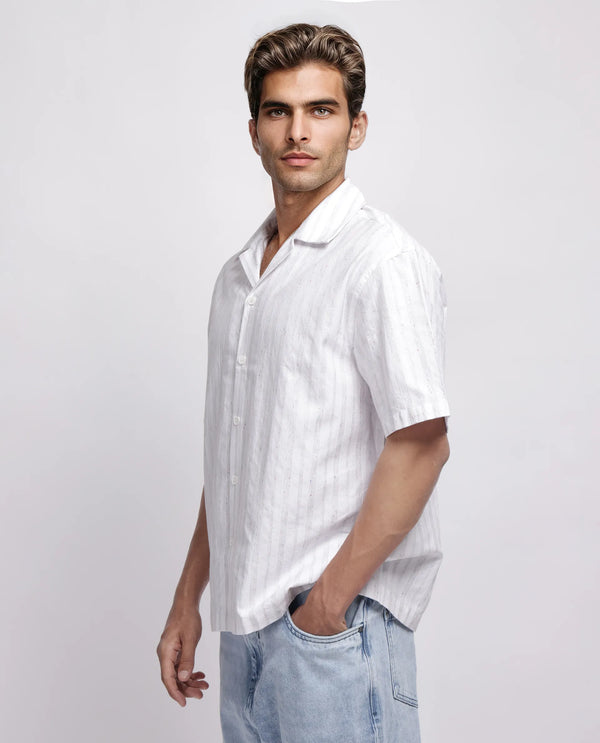 Rare Rabbit Men's Roshi White Cotton Fabric Short Sleeve Cuban Neck Button Closure Striped Shirt