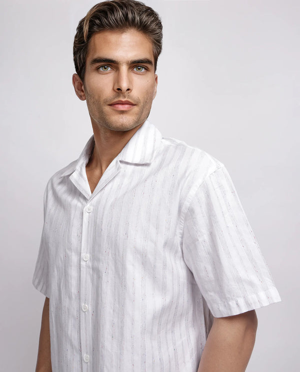 Rare Rabbit Men's Roshi White Cotton Fabric Short Sleeve Cuban Neck Button Closure Striped Shirt