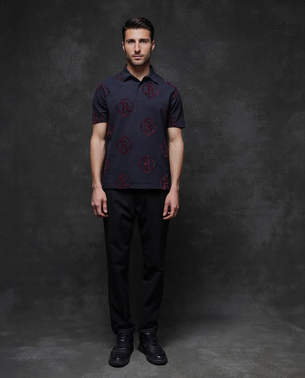 Rare Rabbit Men Roson Navy Short Sleeve Collared Neck Button Closure Plain Polo