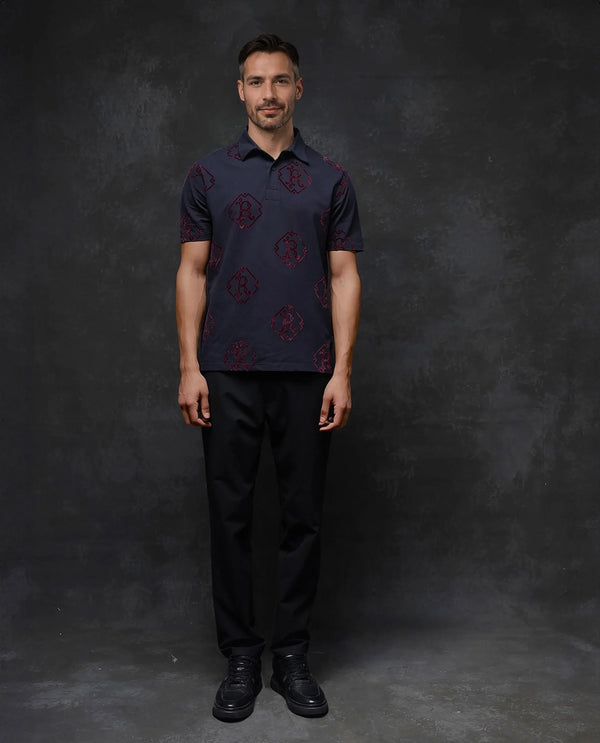 Rare Rabbit Men Roson Navy Short Sleeve Collared Neck Button Closure Plain Polo