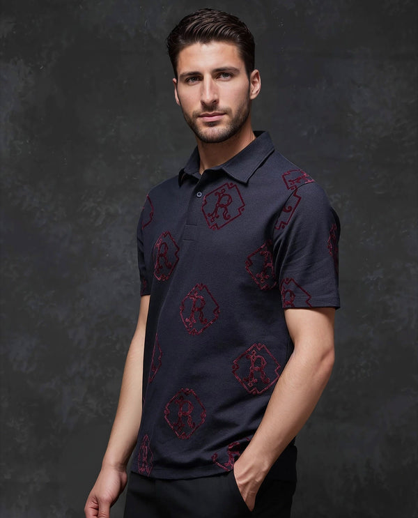 Rare Rabbit Men Roson Navy Short Sleeve Collared Neck Button Closure Plain Polo