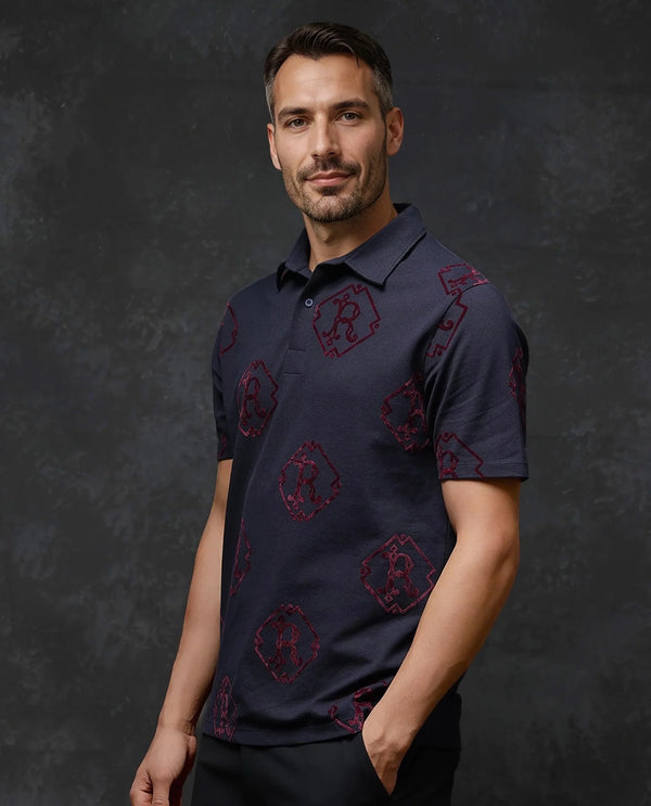 Rare Rabbit Men Roson Navy Short Sleeve Collared Neck Button Closure Plain Polo