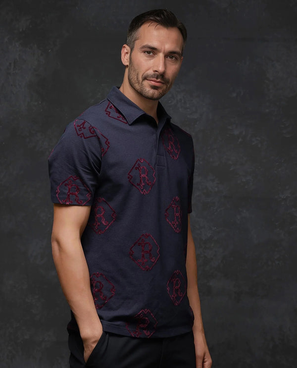Rare Rabbit Men Roson Navy Short Sleeve Collared Neck Button Closure Plain Polo