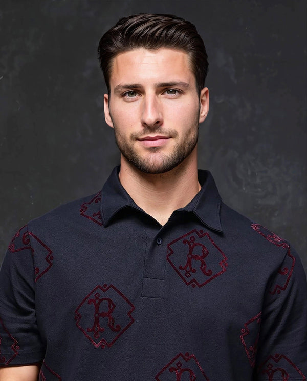 Rare Rabbit Men Roson Navy Short Sleeve Collared Neck Button Closure Plain Polo