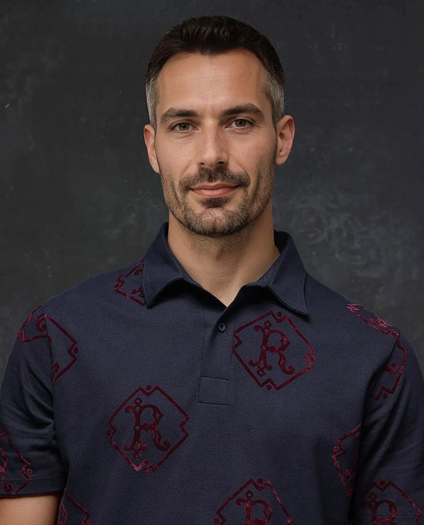 Rare Rabbit Men Roson Navy Short Sleeve Collared Neck Button Closure Plain Polo