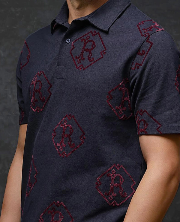 Rare Rabbit Men Roson Navy Short Sleeve Collared Neck Button Closure Plain Polo