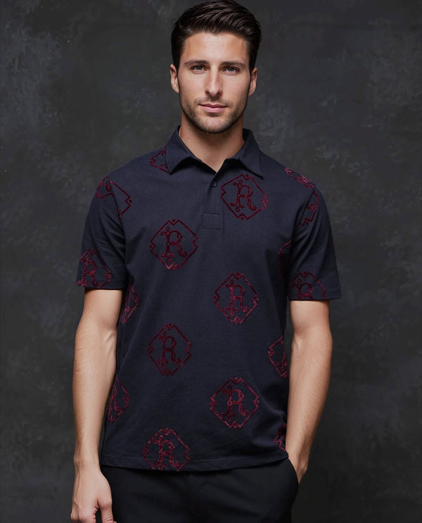 Rare Rabbit Men Roson Navy Short Sleeve Collared Neck Button Closure Plain Polo