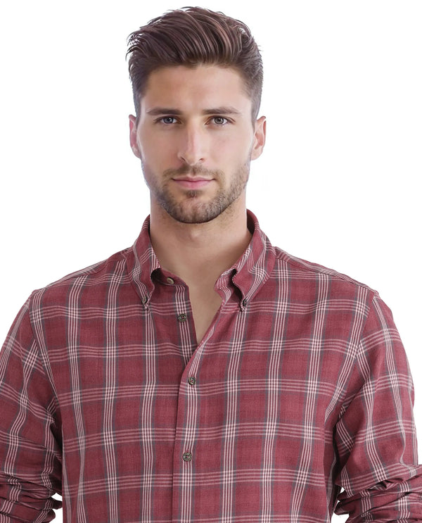 Rare Rabbit Men's Rosy Dark Pink Cotton Fabric Full Sleeve Collared Neck Checks Shirt