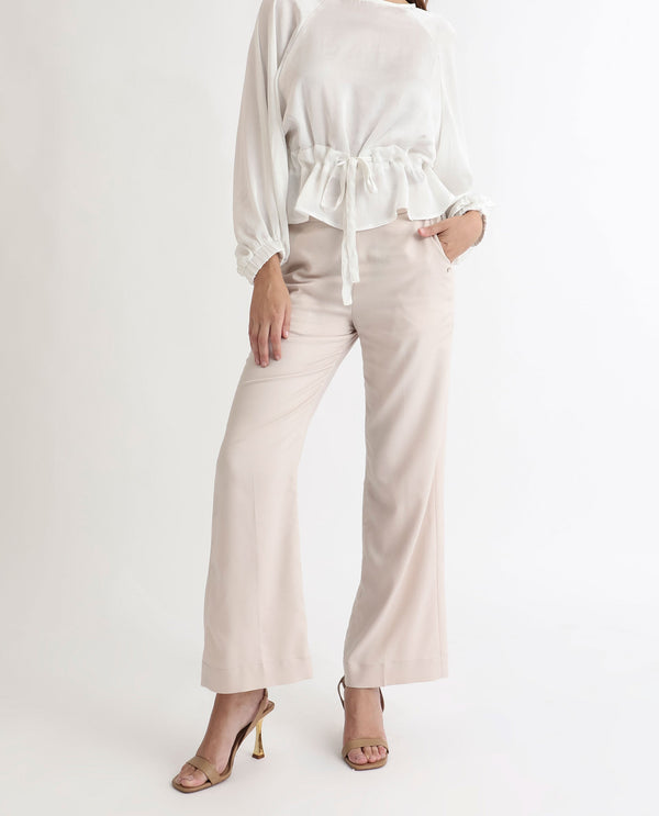 Rareism Women Rotel Light Beige Polyester Fabric Tailored Fit Mid Rise Solid Ankle Length Trousers
