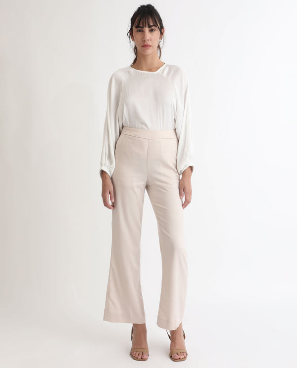 Rareism Women Rotel Light Beige Polyester Fabric Tailored Fit Mid Rise Solid Ankle Length Trousers