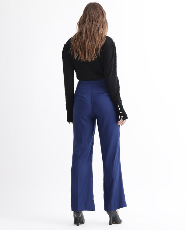Rareism Women Rotel Navy Polyester Fabric Relaxed Fit Plain Ankle Length Trousers
