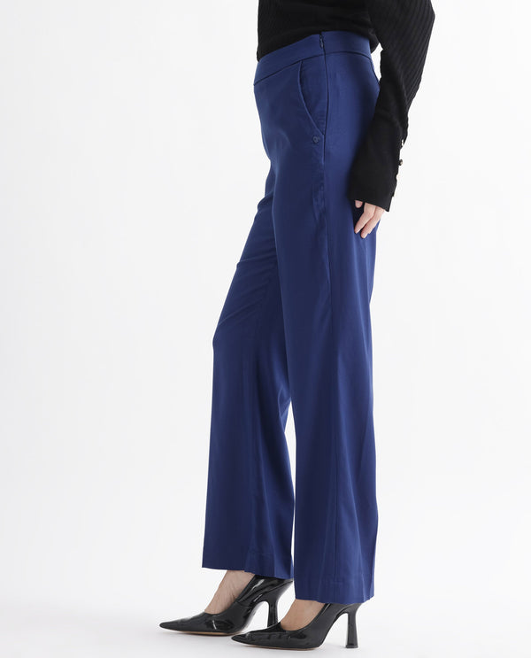 Rareism Women Rotel Navy Polyester Fabric Relaxed Fit Plain Ankle Length Trousers