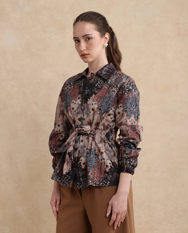Rareism Women Rotika Dark Multi Cotton Viscose Fabric Regular Sleeve Collared Neck Button Closure Regular Fit Abstract Print Jacket