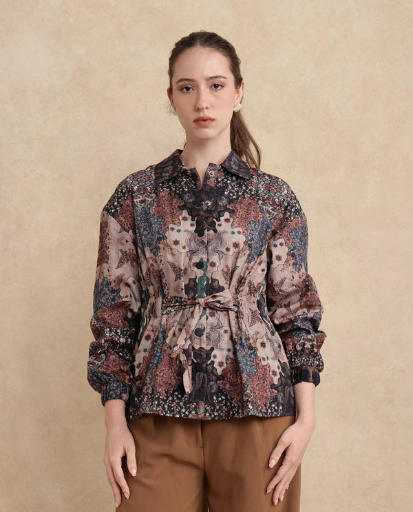 Rareism Women Rotika Dark Multi Cotton Viscose Fabric Regular Sleeve Collared Neck Button Closure Regular Fit Abstract Print Jacket