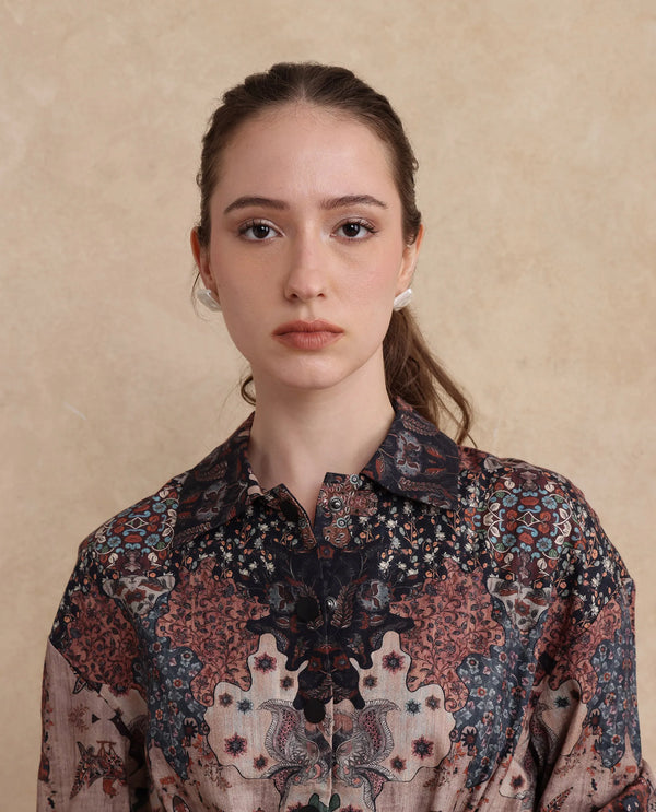 Rareism Women Rotika Dark Multi Cotton Viscose Fabric Regular Sleeve Collared Neck Button Closure Regular Fit Abstract Print Jacket