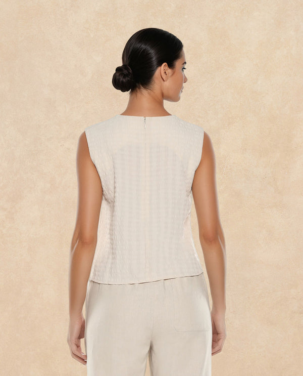 Rareism Women Roulo Beige Polyester Lycra Fabric Sleeveless Round Neck Zipper Closure Plain Top