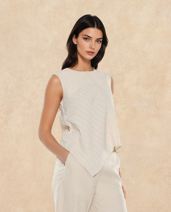 Rareism Women Roulo Beige Polyester Lycra Fabric Sleeveless Round Neck Zipper Closure Plain Top