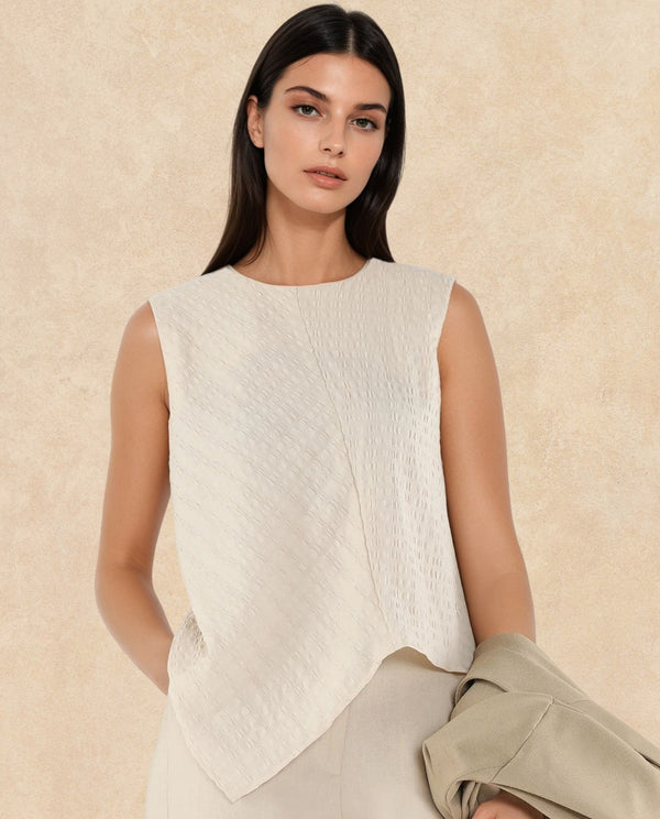 Rareism Women Roulo Beige Polyester Lycra Fabric Sleeveless Round Neck Zipper Closure Plain Top