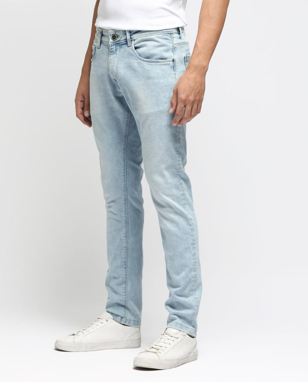 Rare Rabbit Men's Roune Light Blue Ice Wash Mid-Rise Slim Fit Jeans