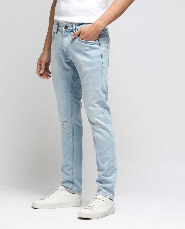 Rare Rabbit Men's Roune Light Blue Ice Wash Mid-Rise Slim Fit Jeans