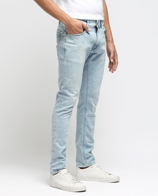 Rare Rabbit Men's Roune Light Blue Ice Wash Mid-Rise Slim Fit Jeans