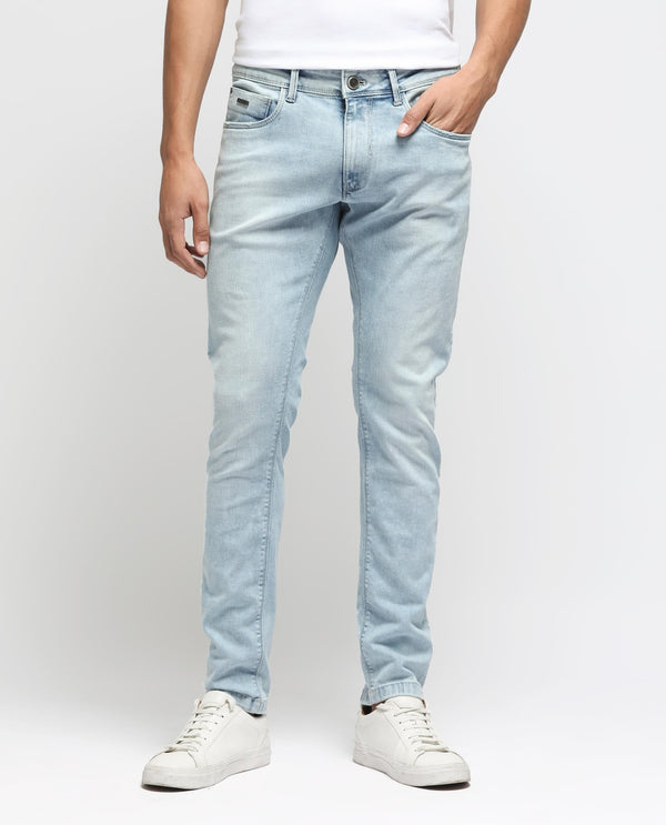 Rare Rabbit Men's Roune Light Blue Ice Wash Mid-Rise Slim Fit Jeans