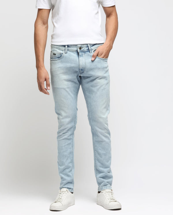 Rare Rabbit Men's Roune Light Blue Ice Wash Mid-Rise Slim Fit Jeans