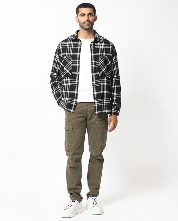 Rare Rabbit Men's Rousso Black Cotton Fabric Full Sleeve Button Closure Twill Checks Shacket