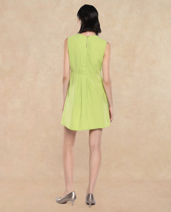 Rareism Women's Roux Green Polyester Blend Fabric Crew Neck Button Closure Sleeveless Plain Fit And Flare Mini Dress