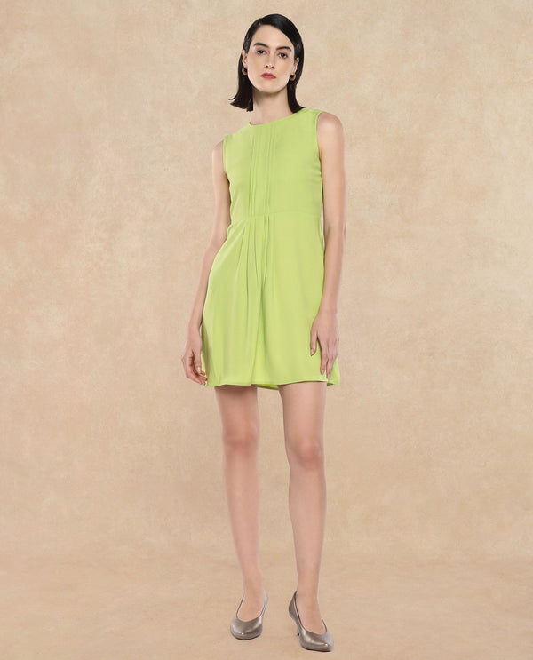 Rareism Women's Roux Green Polyester Blend Fabric Crew Neck Button Closure Sleeveless Plain Fit And Flare Mini Dress