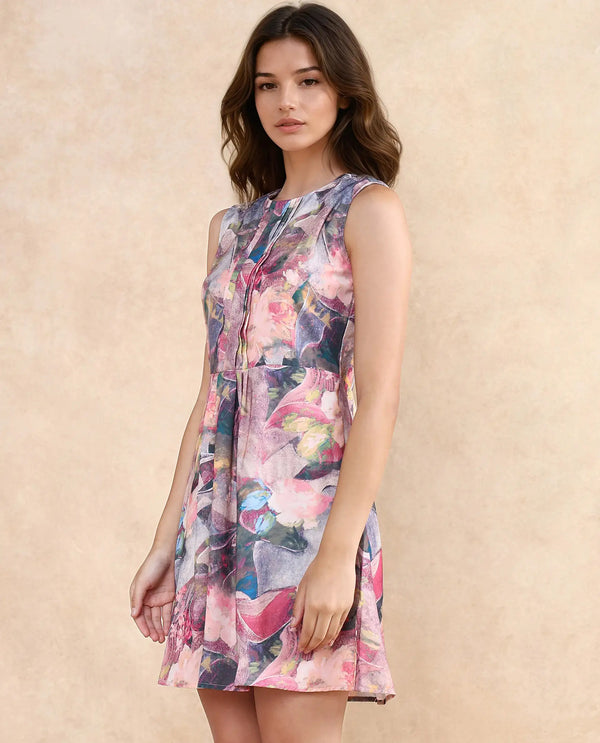 Rareism Women's Rouxi Multi Polyester Blend Fabric Crew Neck Button Closure Sleeveless Abstract Fit And Flare Mini Dress