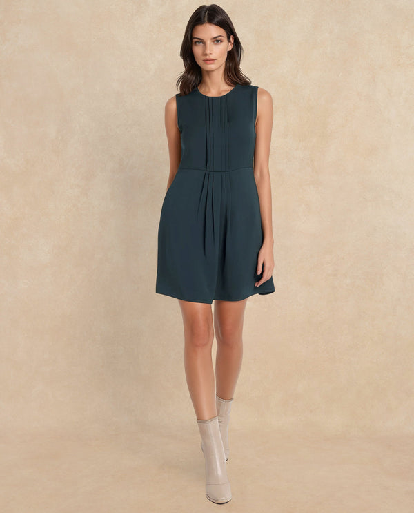 Rareism Women's Roux Olive Polyester Blend Fabric Crew Neck Button Closure Sleeveless Plain Fit And Flare Mini Dress