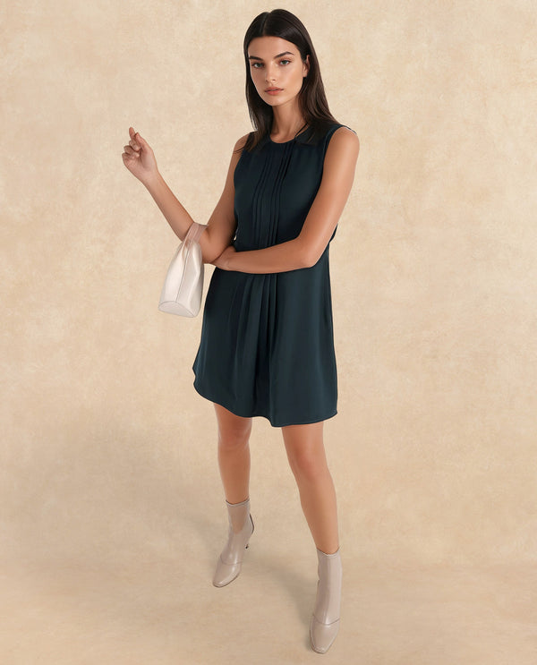 Rareism Women's Roux Olive Polyester Blend Fabric Crew Neck Button Closure Sleeveless Plain Fit And Flare Mini Dress