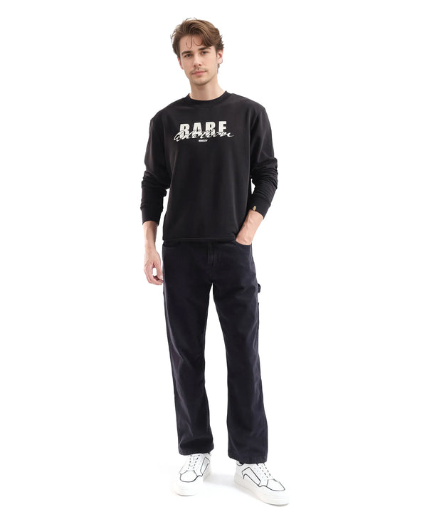 Rare Rabbit Men's Roven Black Cotton Blend Fabric Full Sleeve Crew Neck Puff Printed Sweatshirt